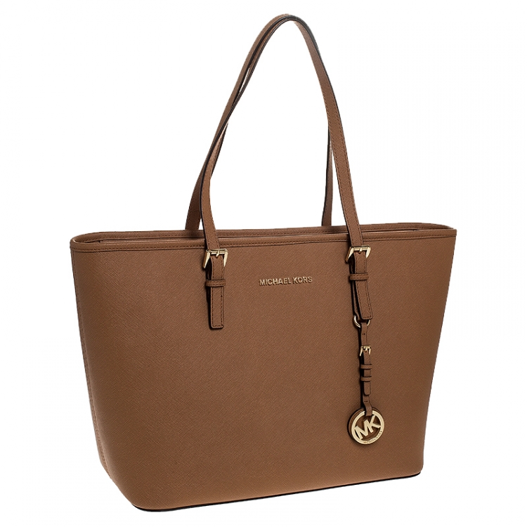 Pre Owned Michael Kors Brown Leather Medium Jet Set Travel Tote