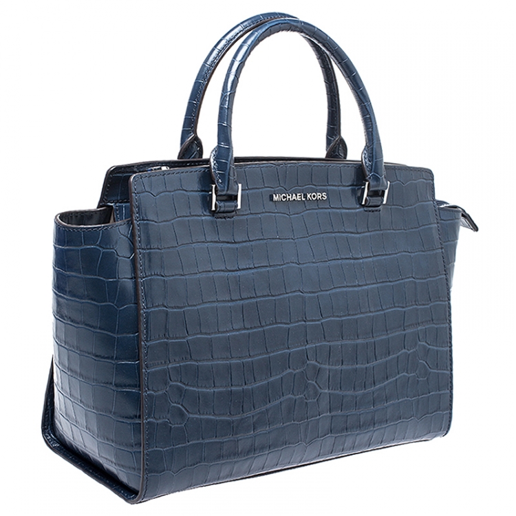 Pre Owned Michael Kors Navy Blue Crocodile Embossed Leather Selma Tote