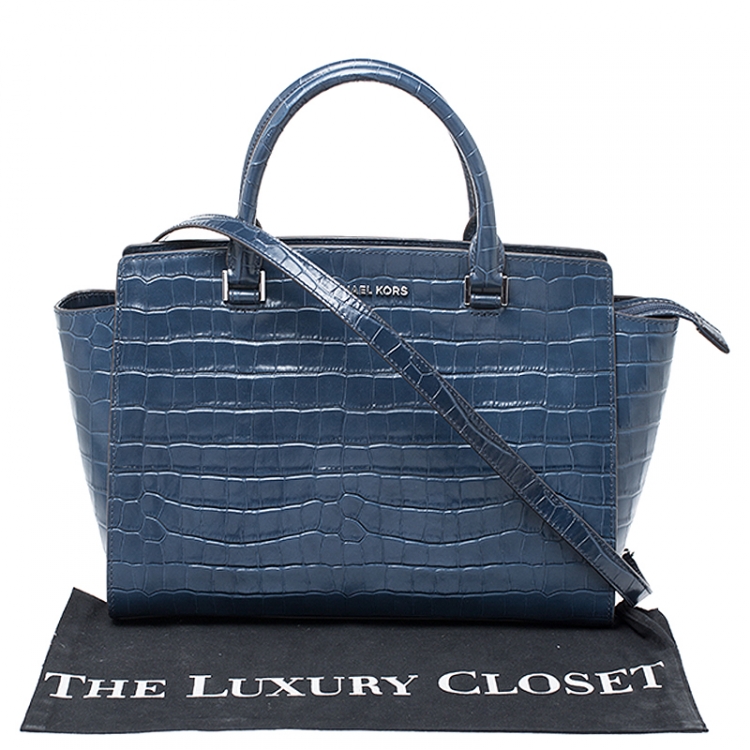 Pre Owned Michael Kors Navy Blue Crocodile Embossed Leather Selma Tote