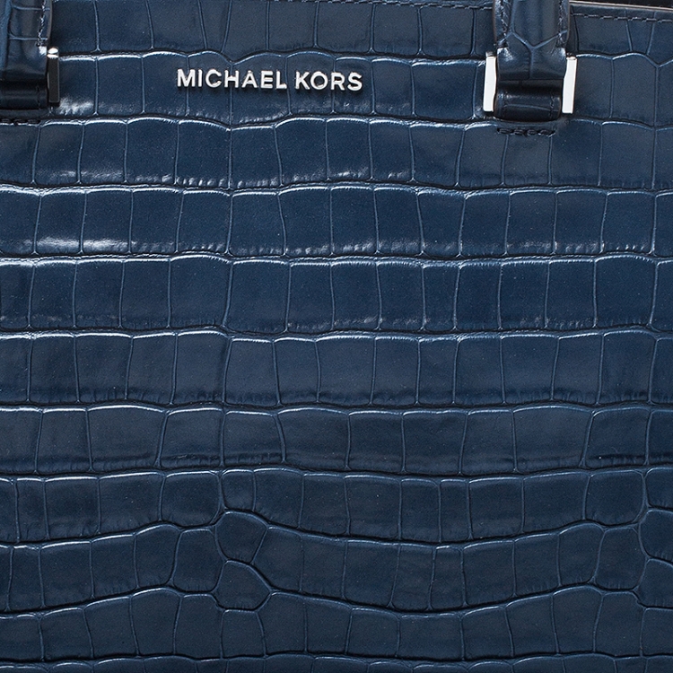 Pre Owned Michael Kors Navy Blue Crocodile Embossed Leather Selma Tote