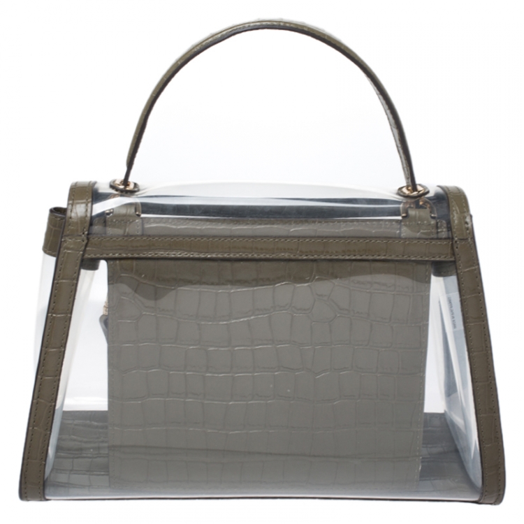 Pre Owned Michael Kors Clear/Olive Green PVC and Croc Embossed Leather Large Whitney Top Handle Bag