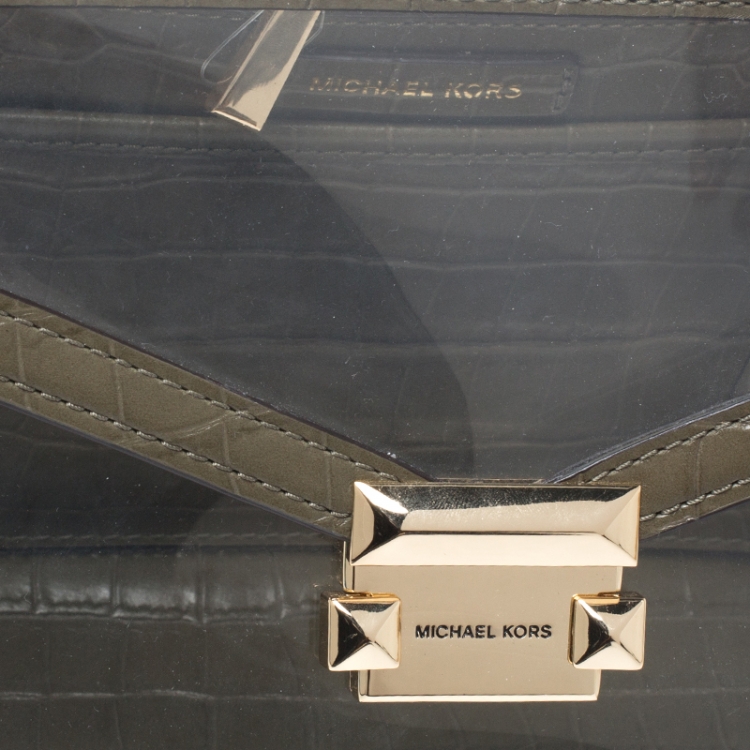 Pre Owned Michael Kors Clear/Olive Green PVC and Croc Embossed Leather Large Whitney Top Handle Bag