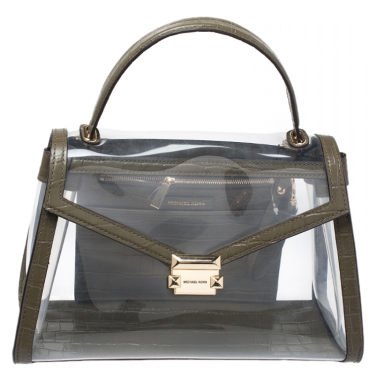 Michael Kors Clear/Olive Green PVC and Croc Embossed Leather Large ...