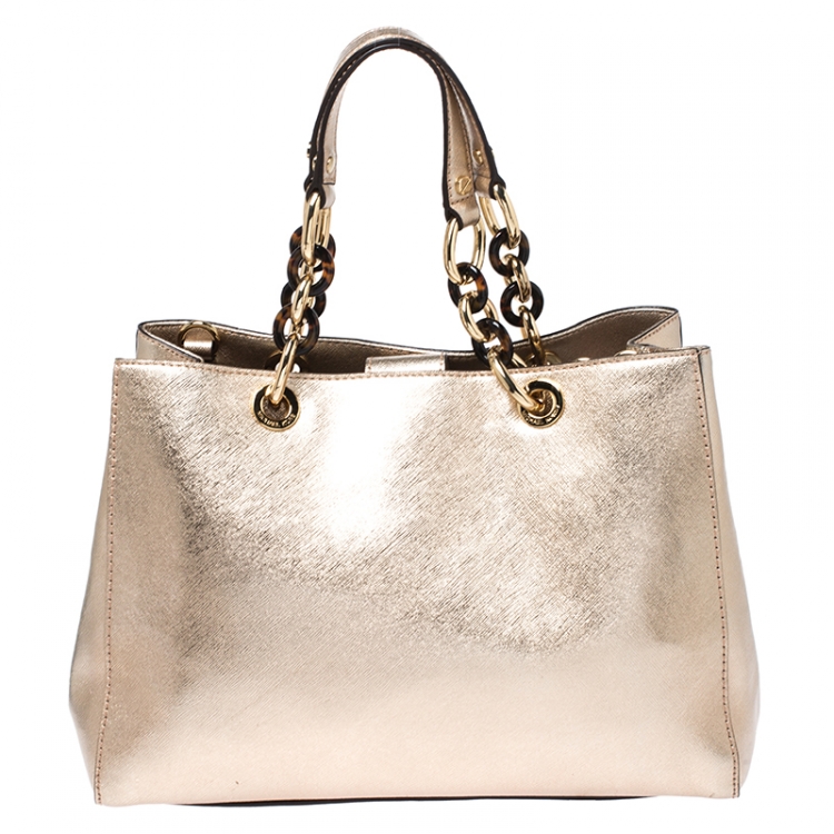 Pre Owned MICHAEL Michael Kors Metallic Gold Leather Medium Cynthia Tote