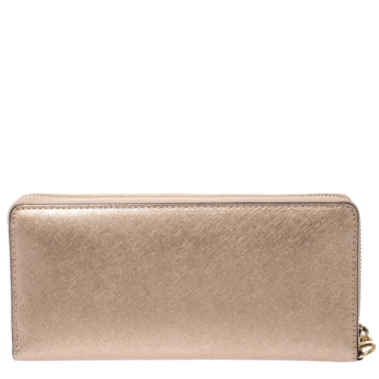 Pre Owned Michael Kors Metallic Gold Leather Jet Set Travel Continental Wallet