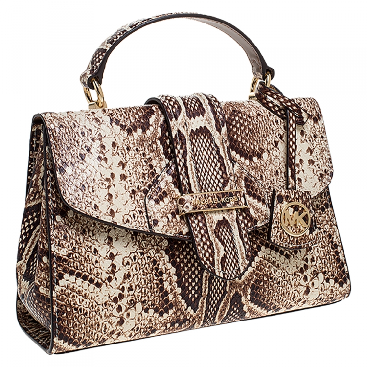 Pre Owned Michael Kors Beige Python Embossed Bleecker Top Handle Bag