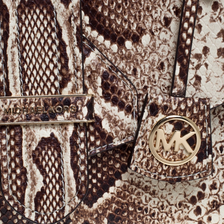 Pre Owned Michael Kors Beige Python Embossed Bleecker Top Handle Bag