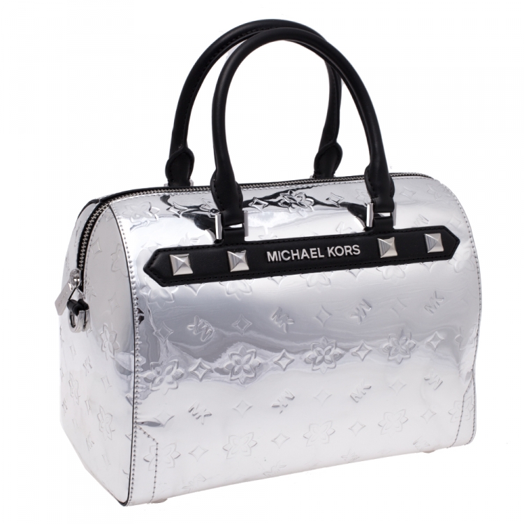 Pre Owned Michael Kors Metallic Silver Mirror Leather Kara Boston Bag