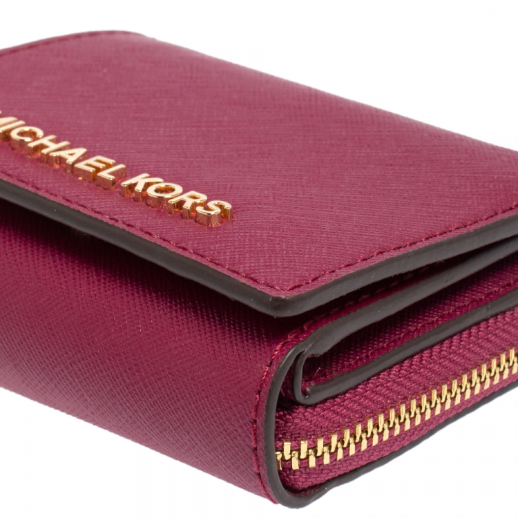 Pre Owned Michael Kors Pink Leather Trifold Card Case Wallet