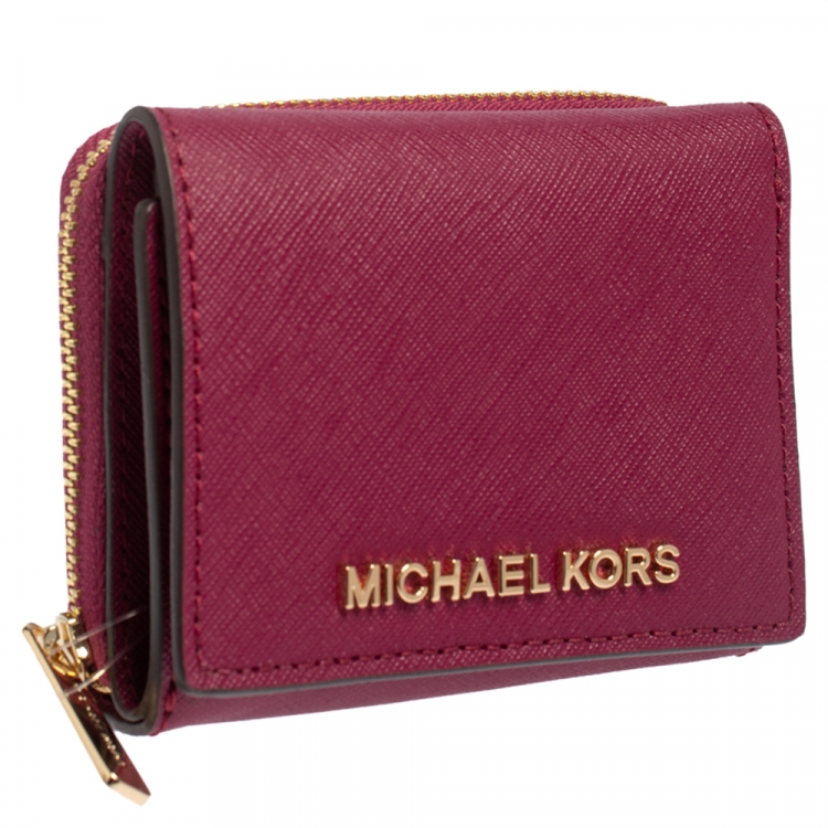 Pre Owned Michael Kors Pink Leather Trifold Card Case Wallet