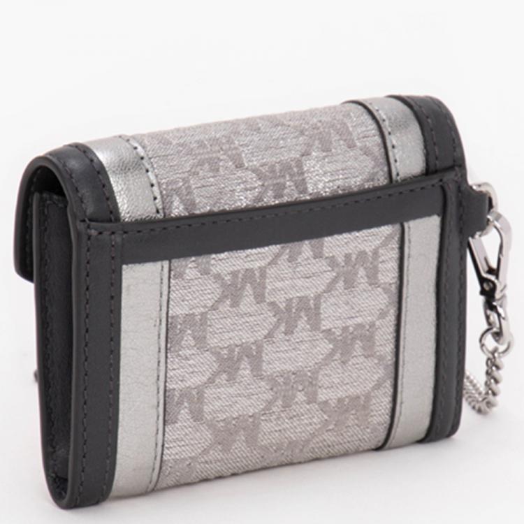 Pre Owned Michael Kors Silver Polyester and Cotton Whitney Small Metallic Logo Jacquard Chain Wallet