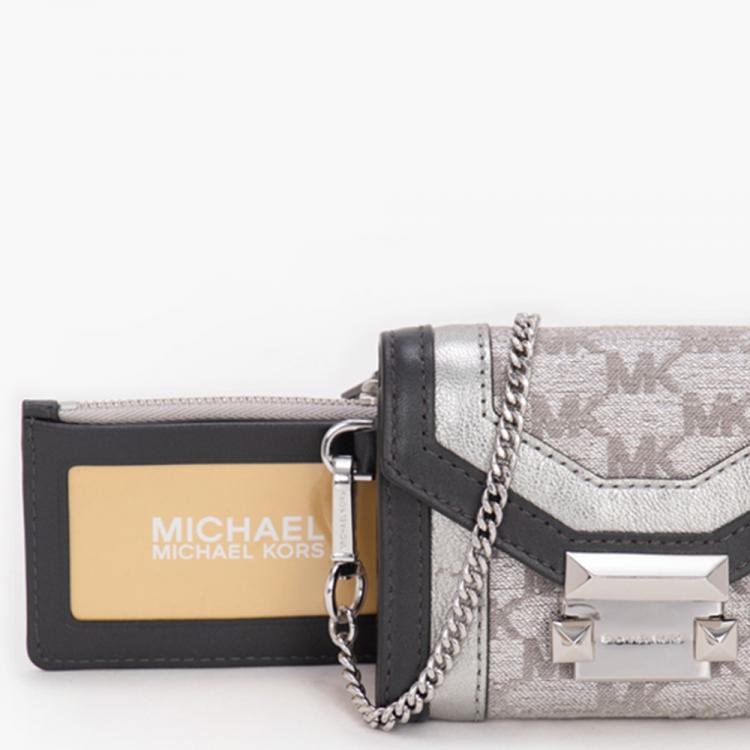 Pre Owned Michael Kors Silver Polyester and Cotton Whitney Small Metallic Logo Jacquard Chain Wallet