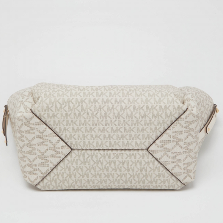 Pre Owned Michael Kors Cream Signature Coated Canvas and Leather Freya Tote