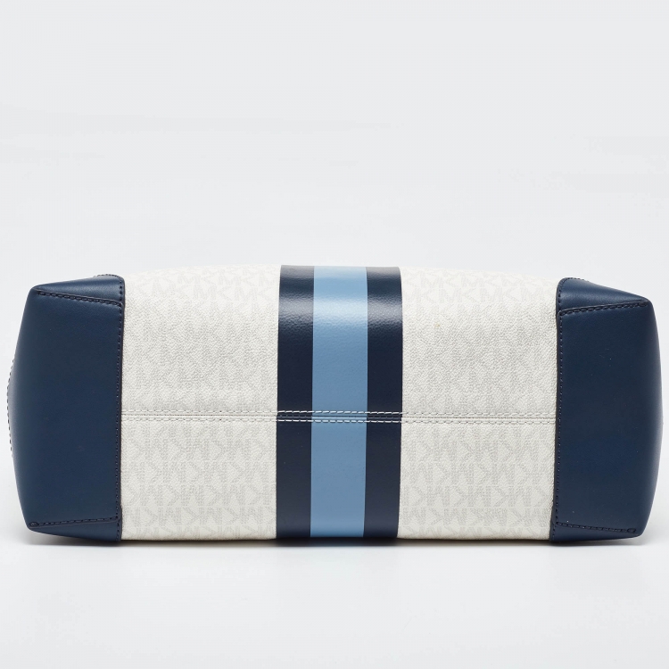 Pre Owned Michael Kors Off White/Blue Signature Coated Canvas and Leather Large Logo Stripe Eva Tote