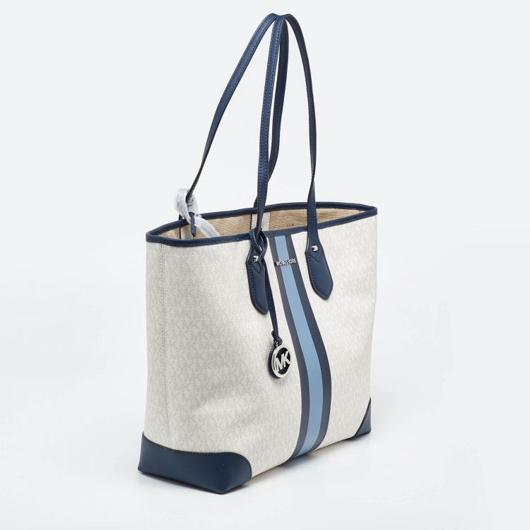 Pre Owned Michael Kors Off White/Blue Signature Coated Canvas and Leather Large Logo Stripe Eva Tote