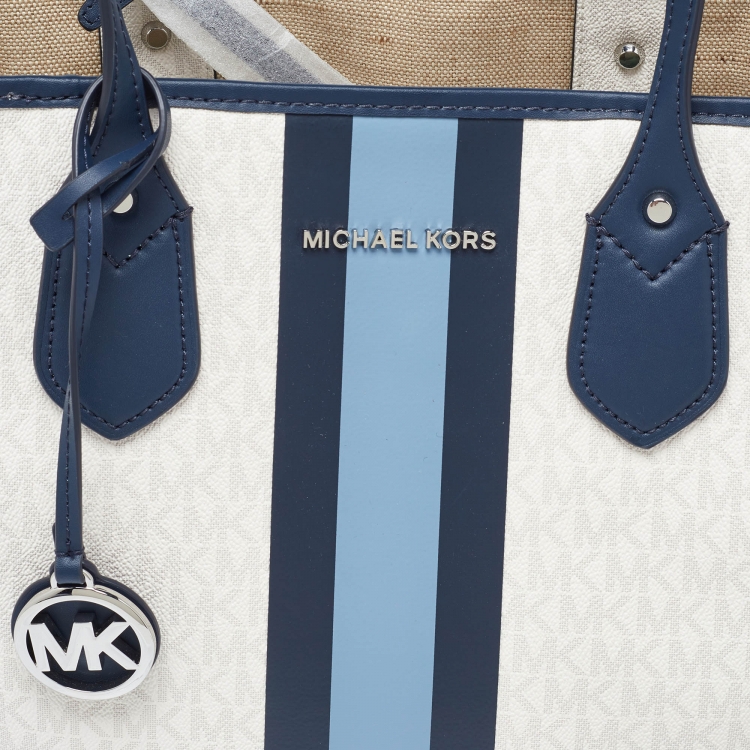 Pre Owned Michael Kors Off White/Blue Signature Coated Canvas and Leather Large Logo Stripe Eva Tote