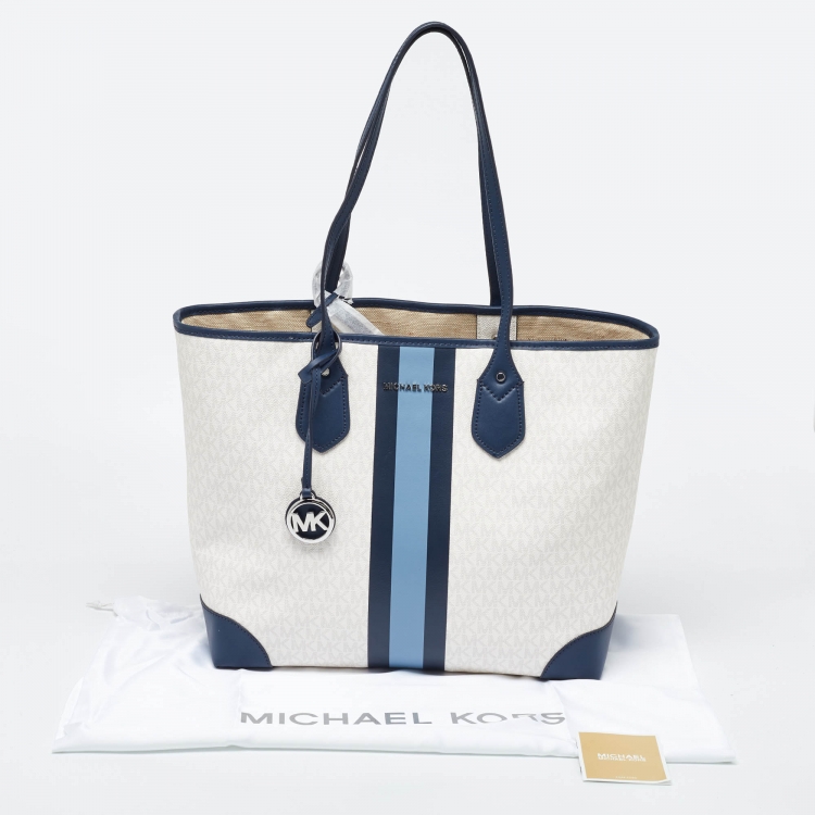 Pre Owned Michael Kors Off White/Blue Signature Coated Canvas and Leather Large Logo Stripe Eva Tote