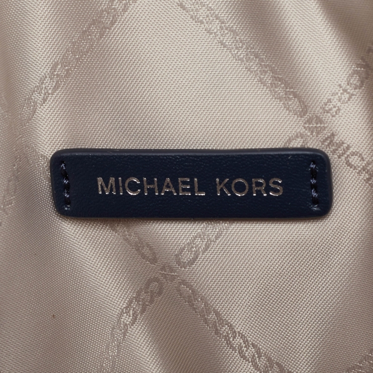 Pre Owned Michael Kors Off White/Blue Signature Coated Canvas and Leather Large Logo Stripe Eva Tote