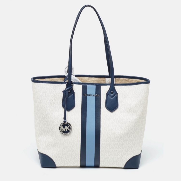 Pre Owned Michael Kors Off White/Blue Signature Coated Canvas and Leather Large Logo Stripe Eva Tote