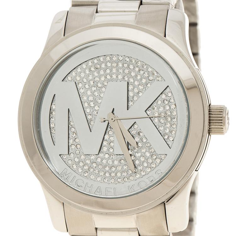 Pre Owned Michael Kors Silver Stainless Steel Runway Crystal Pave MK5544 Women's Wristwatch 45 mm