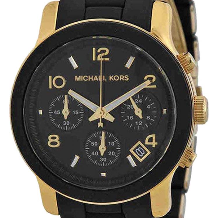 Pre Owned Michael Kors Black PVC and Yellow Gold Plated Steel Runway MK5191 Women's Wristwatch 38MM