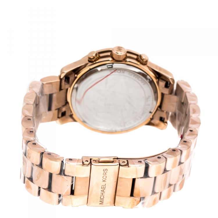 Pre Owned Michael Kors Blue Rose Gold Plated Stainless Steel Runway MK6164 Women's Wristwatch 38 mm