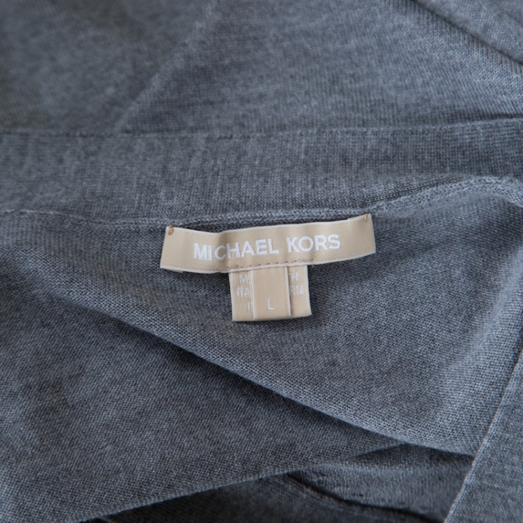Pre Owned Michael Kors Grey Melange Merino Wool Tie Neck Detail Short Sleeve Sweater L