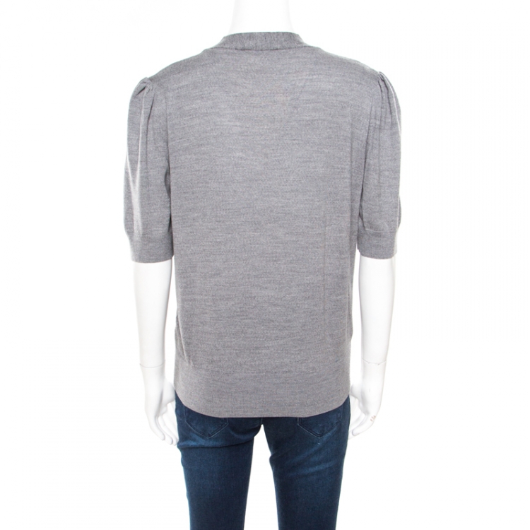 Pre Owned Michael Kors Grey Melange Merino Wool Tie Neck Detail Short Sleeve Sweater L