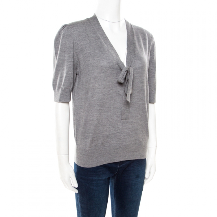 Michael Kors Grey Melange Merino Wool Tie Neck Detail Short Sleeve Sweater  L Michael Kors | TLC