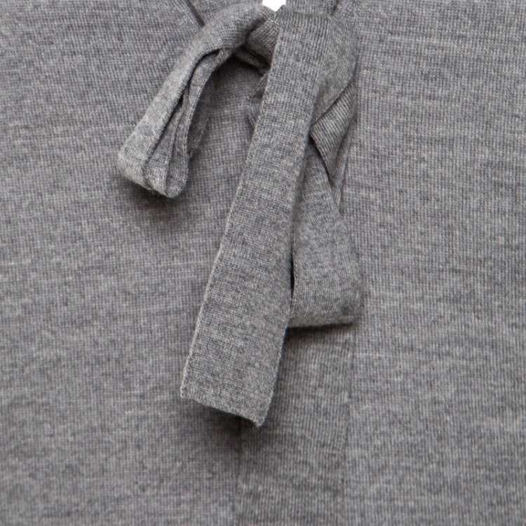 Pre Owned Michael Kors Grey Melange Merino Wool Tie Neck Detail Short Sleeve Sweater L