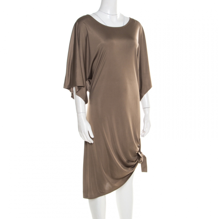 Pre Owned Michael Kors Truffle Brown Satin Tie Detail Dress L