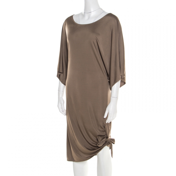 Pre Owned Michael Kors Truffle Brown Satin Tie Detail Dress L