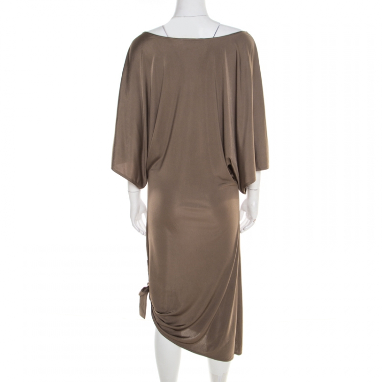 Pre Owned Michael Kors Truffle Brown Satin Tie Detail Dress L