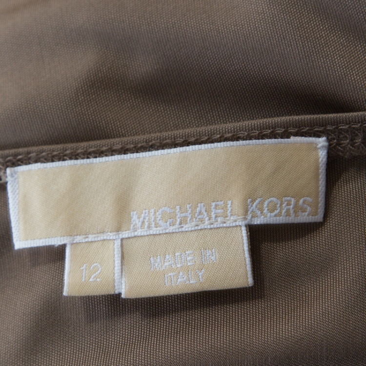Pre Owned Michael Kors Truffle Brown Satin Tie Detail Dress L