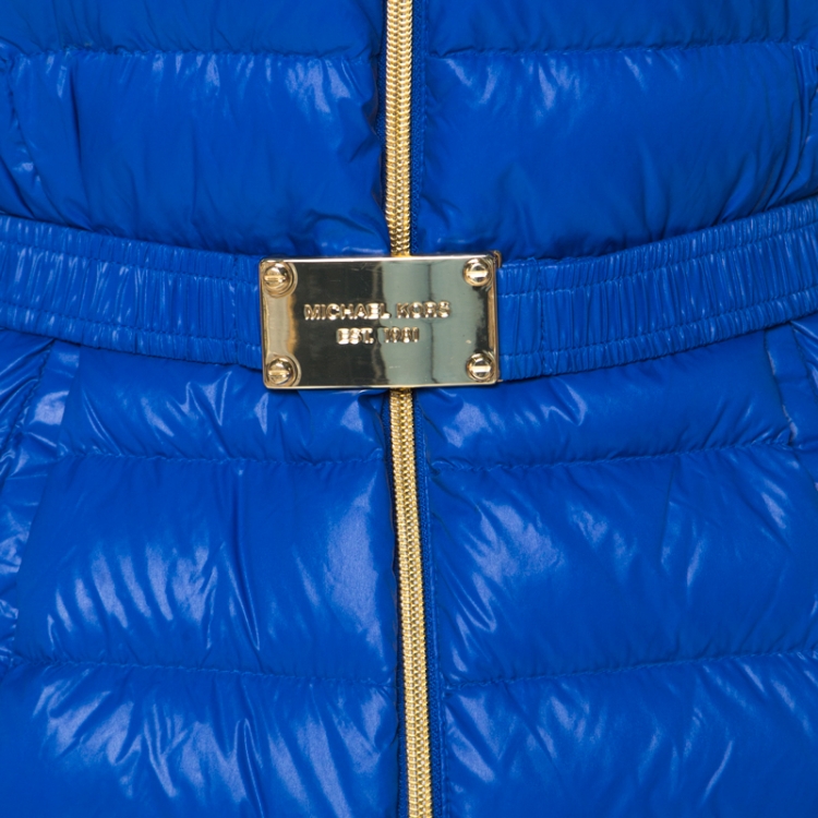 Pre Owned Michael Kors Blue Quilted Waist Belt Detail Hooded Jacket XS 