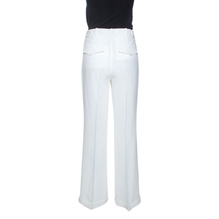 Pre Owned Michael Kors Optic White Linen Wide Leg Trousers S 