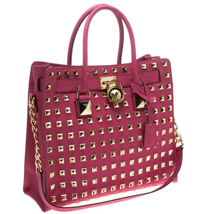 Pre Owned Michael Kors Pink Leather Large Studded Hamilton Tote