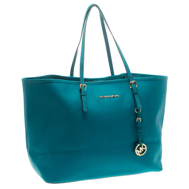 Pre Owned Michael Kors Teal Blue Saffiano Leather Jet Set Shopping Tote
