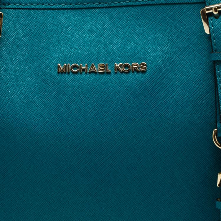 Pre Owned Michael Kors Teal Blue Saffiano Leather Jet Set Shopping Tote