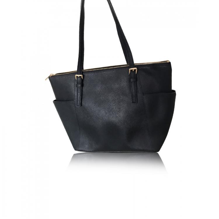 Pre Owned Michael Kors Black Saffiano Leather Jet Set Top-Zip Tote