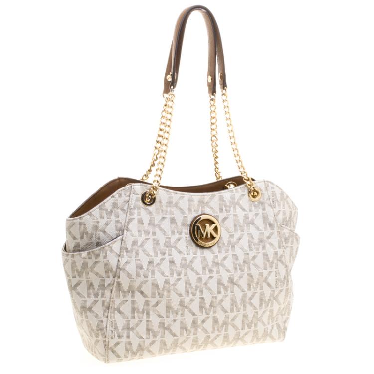 Pre Owned Michael Kors Cream Leather Jet Set Travel Chain Shoulder Bag