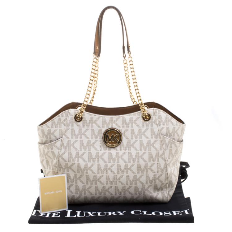 Pre Owned Michael Kors Cream Leather Jet Set Travel Chain Shoulder Bag