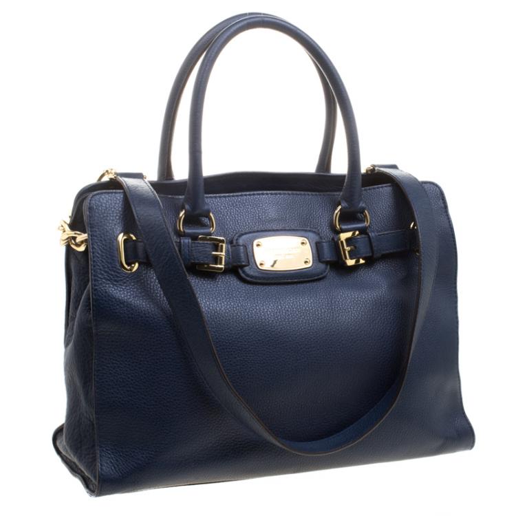 Pre Owned Michael Kors Navy Blue Leather East West Hamilton Tote