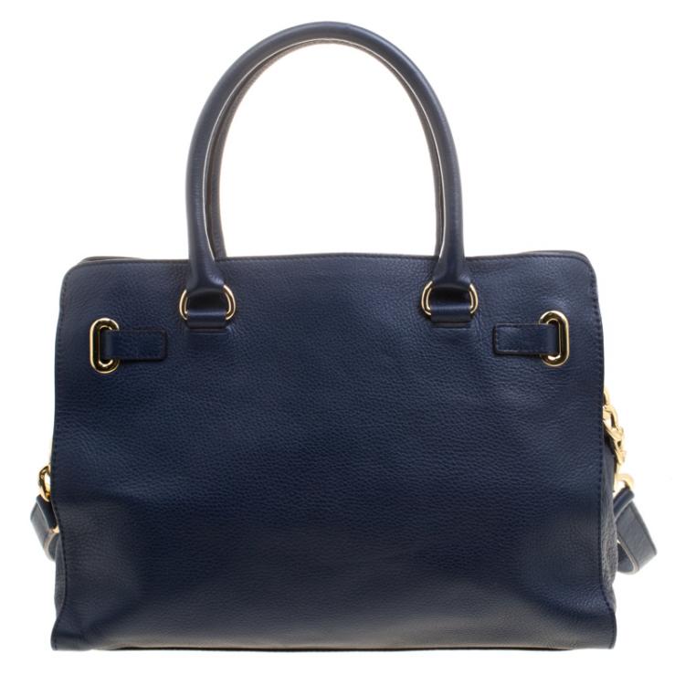 Pre Owned Michael Kors Navy Blue Leather East West Hamilton Tote