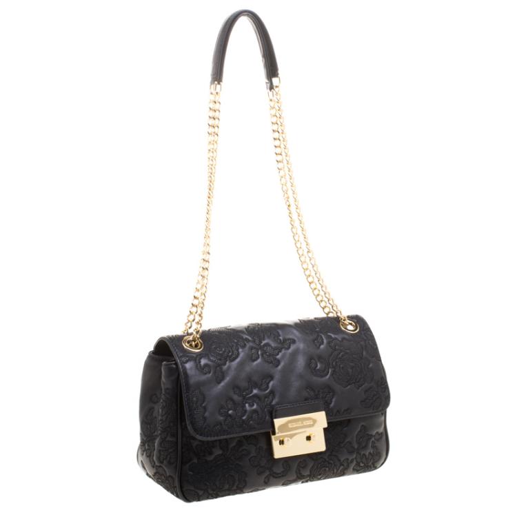 Pre Owned Michael Kors Black Embroidered Lace Leather Sloan Shoulder Bag