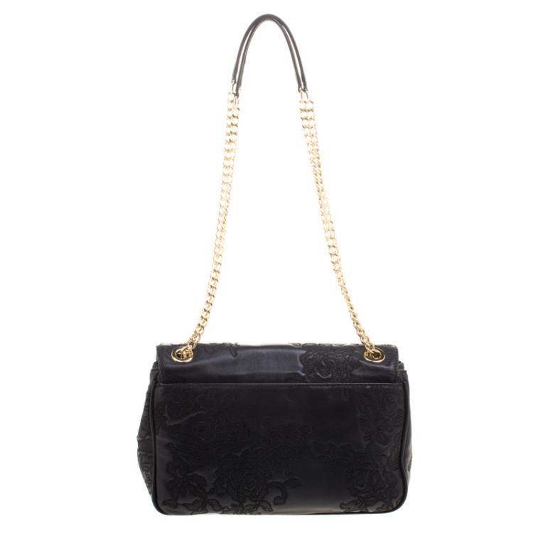 Pre Owned Michael Kors Black Embroidered Lace Leather Sloan Shoulder Bag
