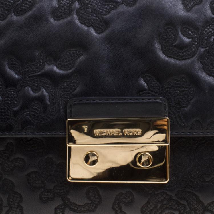 Pre Owned Michael Kors Black Embroidered Lace Leather Sloan Shoulder Bag