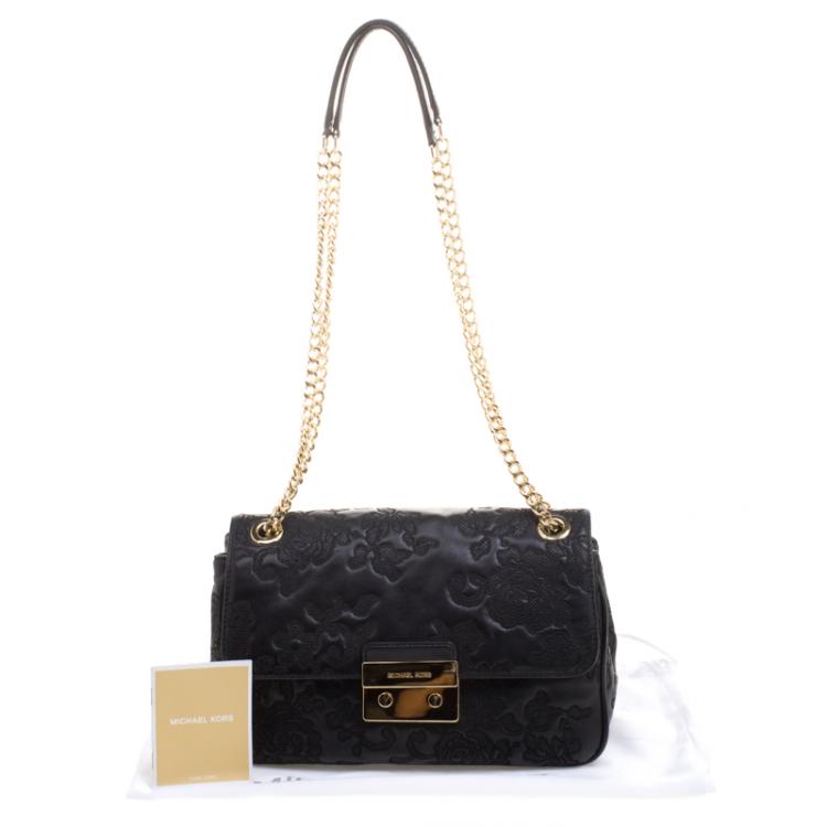 Pre Owned Michael Kors Black Embroidered Lace Leather Sloan Shoulder Bag