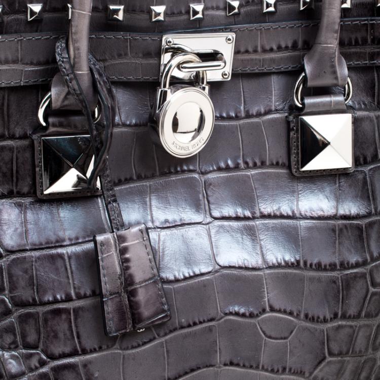 Pre Owned Michael Kors Grey Croc Embossed Leather Studded Hamilton Tote