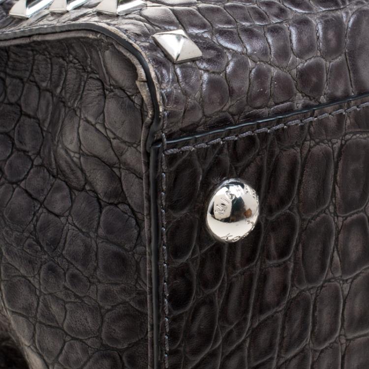 Pre Owned Michael Kors Grey Croc Embossed Leather Studded Hamilton Tote